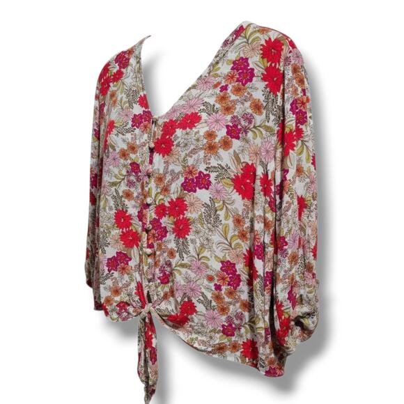 Democracy Women’s Floral Tie-Front Blouse PS Petite – 100% Rayon Boho Style - Picture 2 of 9